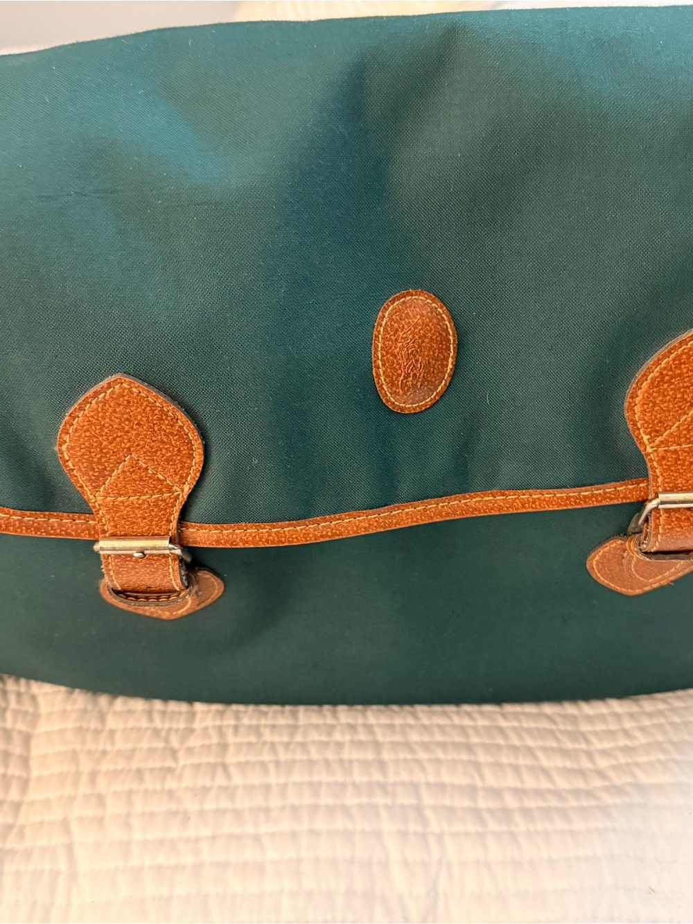 Green Canvas and Tan Leather Trim Messenger Bag